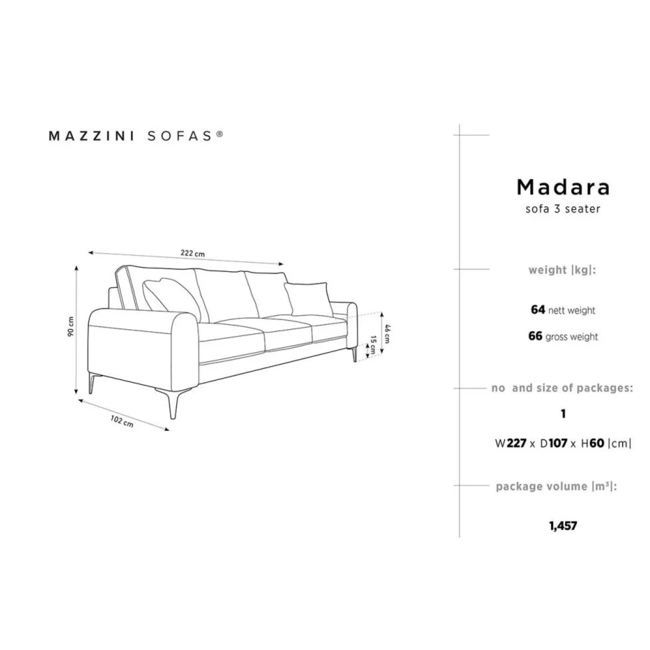 Mazzini Sofas Canapé Velours Madara beige - 222x102x90 cm