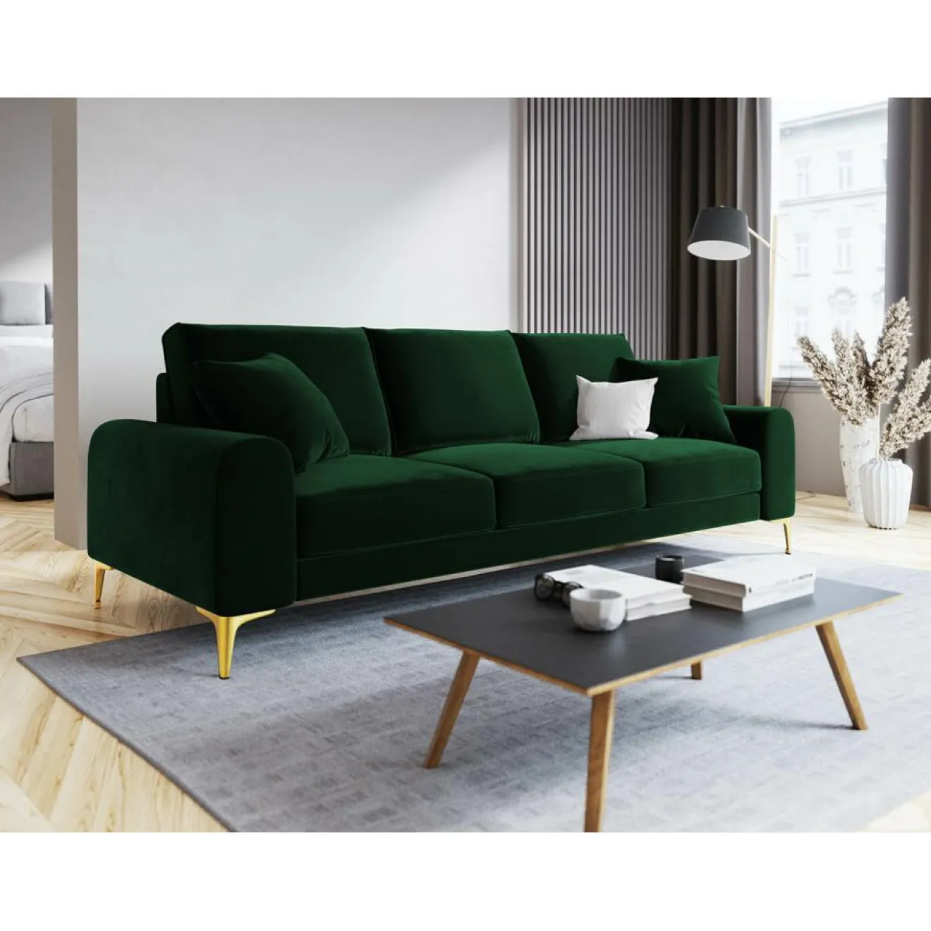 Mazzini Sofas Canapé Velours Madara vert bouteille - 237x102x90 cm