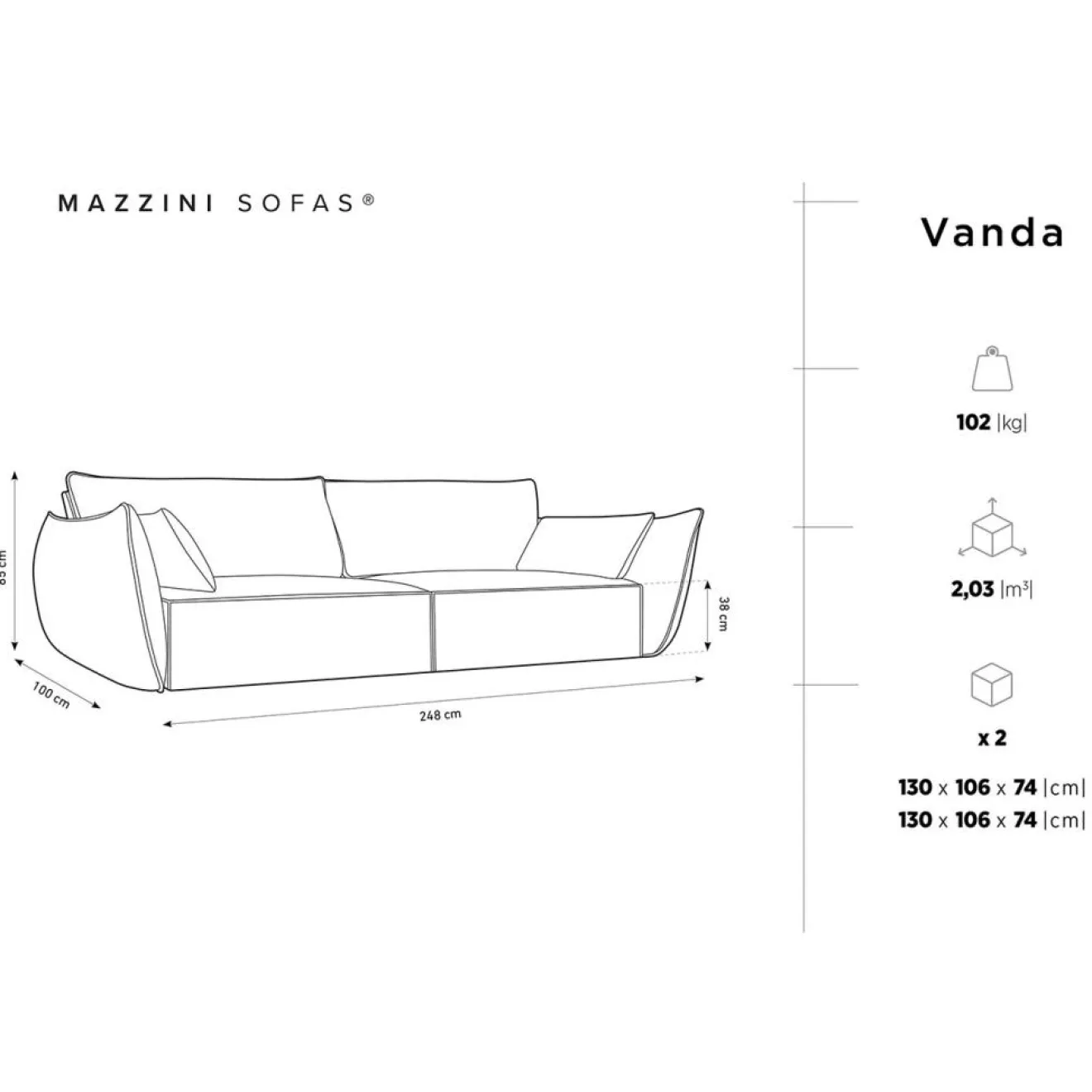 Outlet Mazzini Sofas Canapé Velours Vanda 4 Places noir - 248x100x85 cm