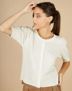 Hot Cashmere Tribu Cardigan 100% Cachemire Claire manches ballon écru