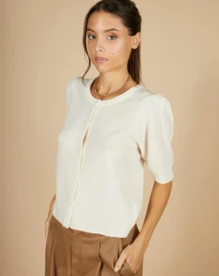 Hot Cashmere Tribu Cardigan 100% Cachemire Claire manches ballon écru