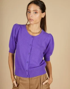 Online Cashmere Tribu Cardigan 100% Cachemire Claire manches ballon violet