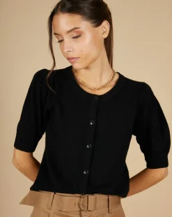 Femme Cashmere Tribu Cardigan 100% Cachemire Claire manches ballon noir