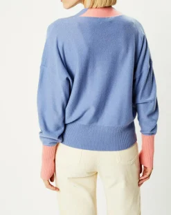 Femme Galeries Lafayette Cardigan 100% Cachemire Fabiola col V bicolore bleu/rose