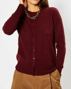 Femme Galeries Lafayette Cardigan 100% Cachemire Yacao col rond rouge foncé