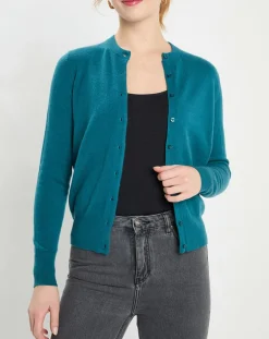 Discount Galeries Lafayette Cardigan 100% Cachemire Zacao col rond bleu/vert