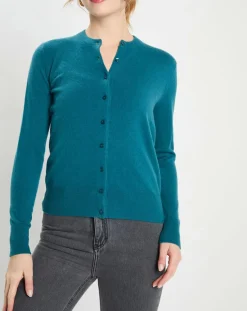 Discount Galeries Lafayette Cardigan 100% Cachemire Zacao col rond bleu/vert