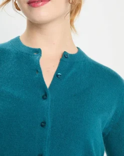 Discount Galeries Lafayette Cardigan 100% Cachemire Zacao col rond bleu/vert