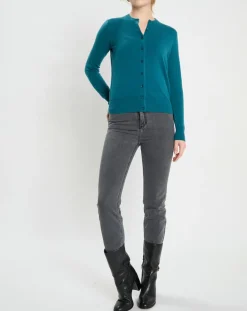 Discount Galeries Lafayette Cardigan 100% Cachemire Zacao col rond bleu/vert