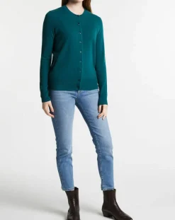 Discount Galeries Lafayette Cardigan 100% Cachemire Zacao col rond bleu/vert