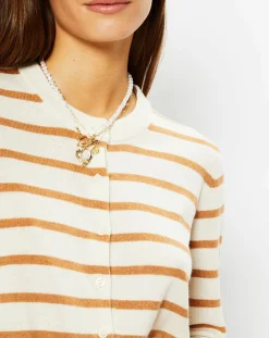 Best Galeries Lafayette Cardigan en Laine & Cachemire Sacao rayé col rond beige/écru