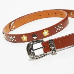 Femme Wild Ceinture fine en Cuir à clous marron