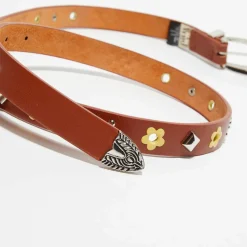 Femme Wild Ceinture fine en Cuir à clous marron