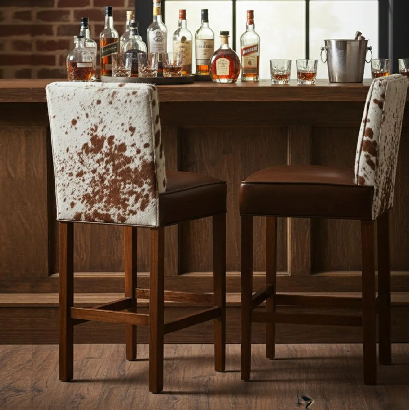 Sale Bois & Chiffons Chaise de bar en acacia et peau de vache Acacia Savage Marron - 46x50x114 cm