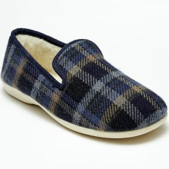 Clearance Apologie Studio Chaussons charentais fourrés Laine tartan marine bord bleus