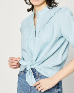 Femme Esprit Chemise en Lin & Coton à Col Volant bleu clair
