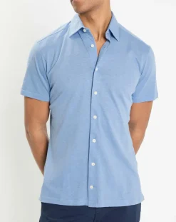 Hackett London Chemise en Lin & Coton Slim Fit manches courtes Tricot bleu moyen