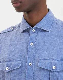 Sale Hackett London Chemise en Lin double poche bleu moyen