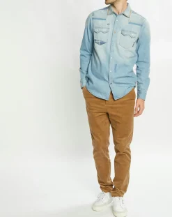 Homme Scotch & Soda Chemise Regular Fit en Jean Western Patch bleu clair délavé