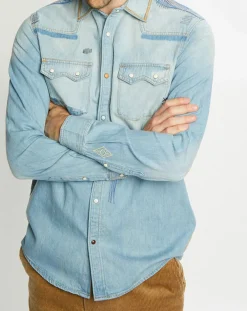 Homme Scotch & Soda Chemise Regular Fit en Jean Western Patch bleu clair délavé