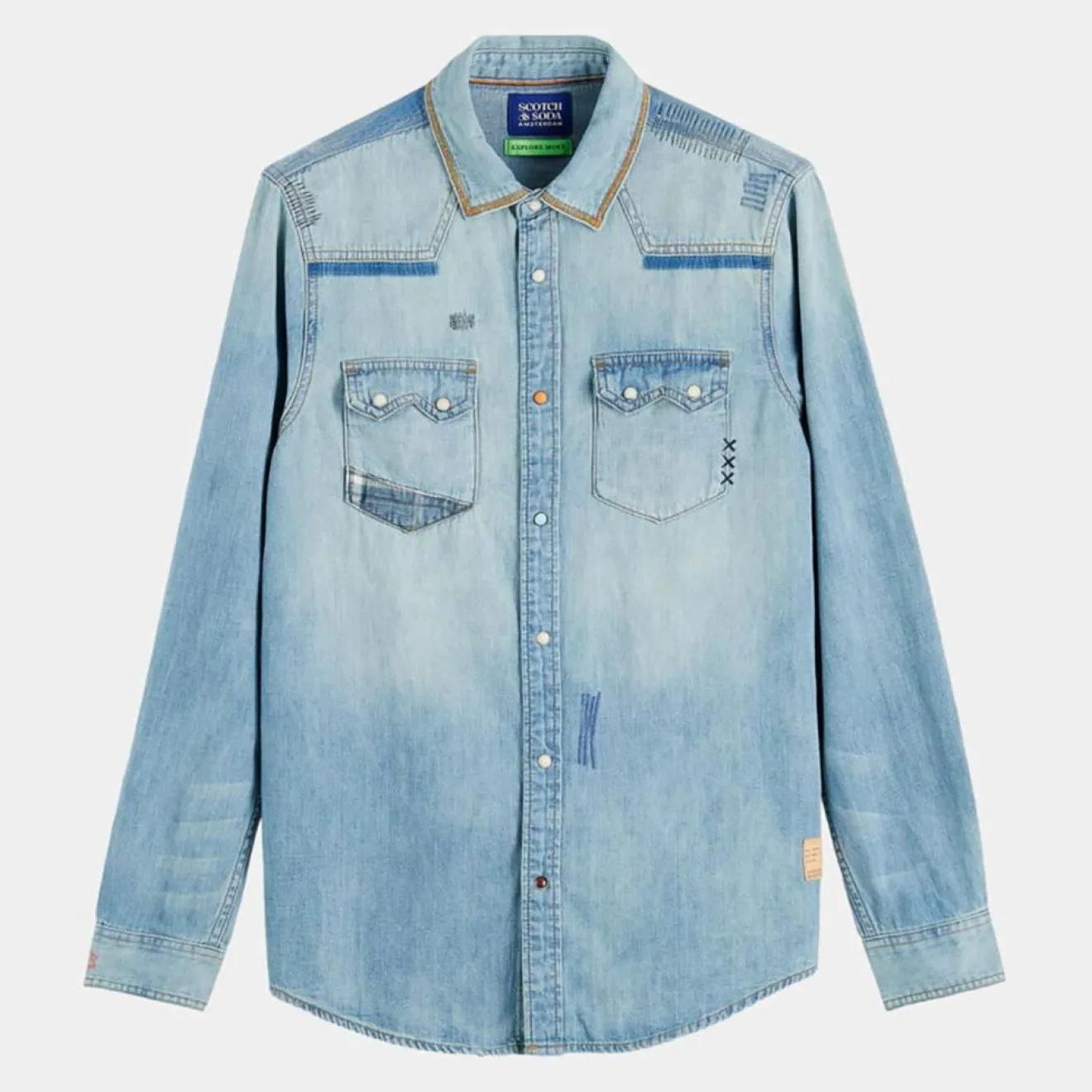 Homme Scotch & Soda Chemise Regular Fit en Jean Western Patch bleu clair délavé