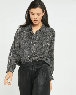 Femme Lauren Vidal Chemise satinée Ciara feuilles noire