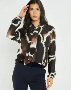 Clearance Lauren Vidal Chemise satinée Plume imprimée café