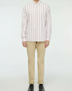 Outlet Hackett London Chemise Slim Fit en Coton & Lin Washed à rayures écru/bordeaux