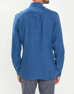 Clearance Hackett London Chemise Slim Fit en Lin & Coton Saharien bleu moyen