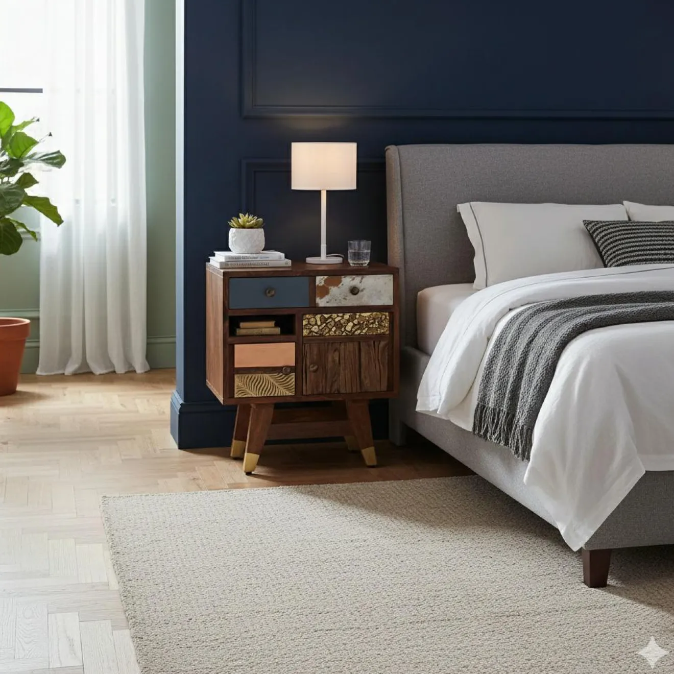 Bois & Chiffons Chevet multi-matériaux peau de vache bois sculpté Naturel - 50x40x55 cm