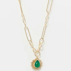 Femme Moonstone Collier Rachelle Onyx Vert en laiton doré