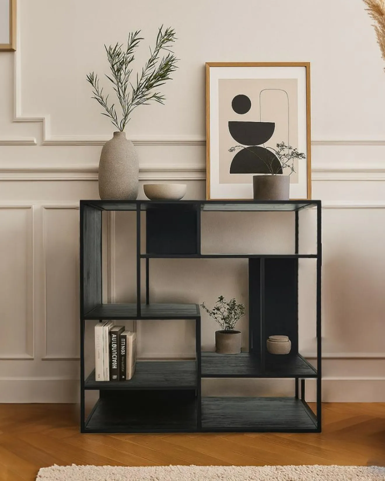 Uniqka Como - Petite étagère industrielle en teck massif et métal noir