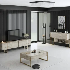 New Wooden Art Console Luxe travertin/doré - 120x80x30 cm