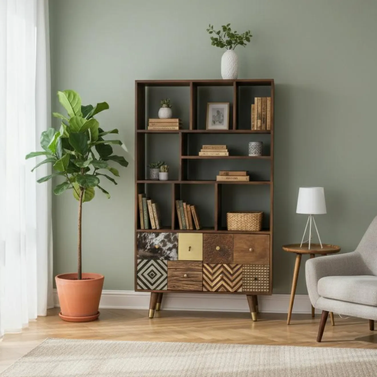 Bois & Chiffons Etagère multi-matériaux peau de vache bois sculpté Naturel - 100x40x175 cm