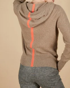 Discount Cashmere Tribu Gilet à capuche 100% Cachemire Blanche châtaigne/corail fluo