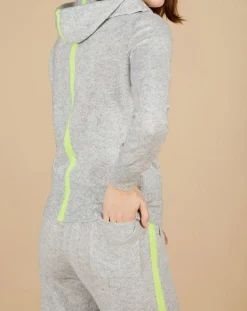 Femme Cashmere Tribu Gilet à capuche 100% Cachemire Blanche gris chiné clair/jaune fluo