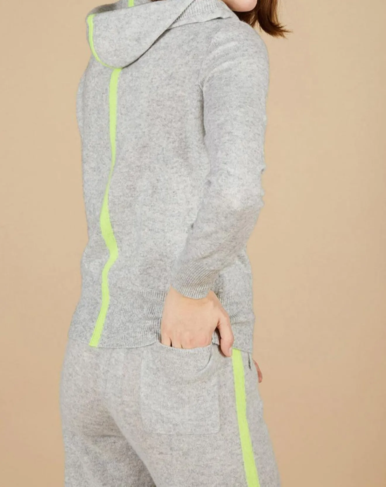 Femme Cashmere Tribu Gilet à capuche 100% Cachemire Blanche gris chiné clair/jaune fluo