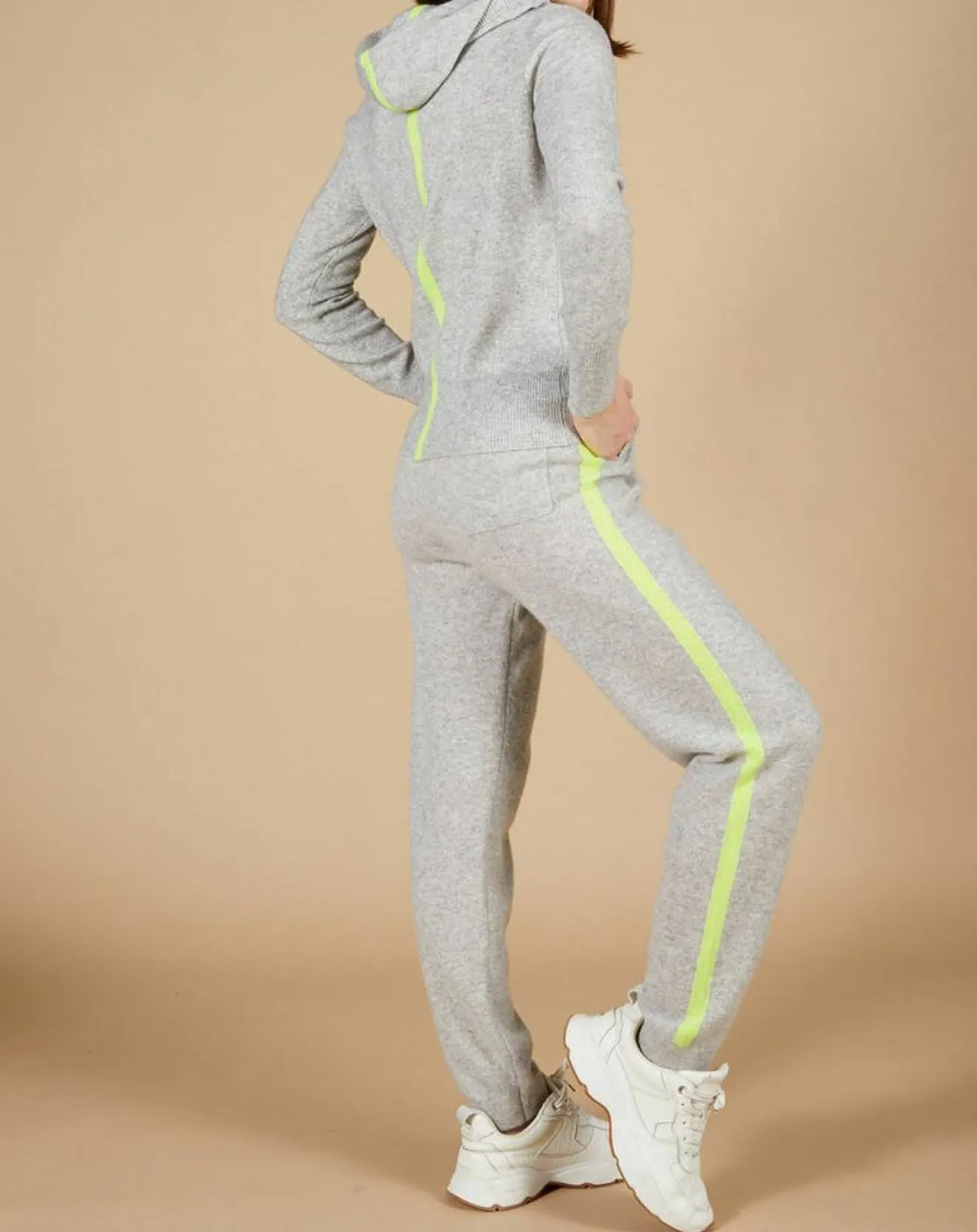 Femme Cashmere Tribu Gilet à capuche 100% Cachemire Blanche gris chiné clair/jaune fluo