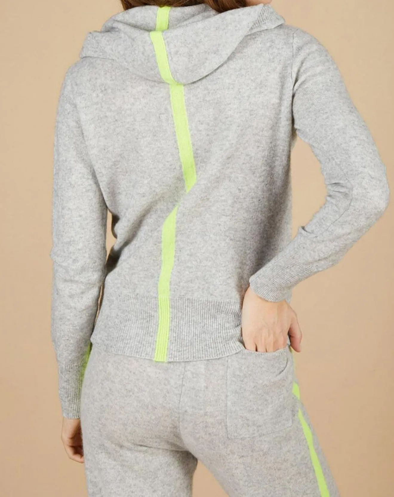 Femme Cashmere Tribu Gilet à capuche 100% Cachemire Blanche gris chiné clair/jaune fluo