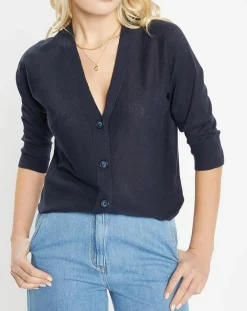 Femme Jodhpur Gilet droit en Lin & Coton Mimosa bleu marine