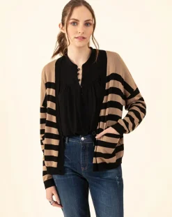 Femme Indies Gilet en Laine mélangée Lena rayure camel