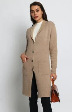 Assuili Gilet long en Cachemire mélangé col châle fourré thermique camel