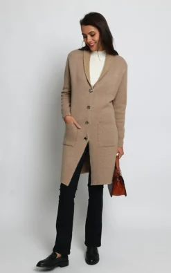 Assuili Gilet long en Cachemire mélangé col châle fourré thermique camel