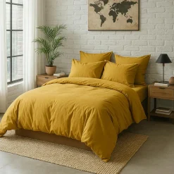 Discount Baton Rouge Housse de Couette 100% Percale de Coton - Finition Bouteille 40cm jaune moutarde