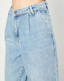 Femme Esprit Jean Wide en Coton & Lin mélangés à taille haute bleu clair