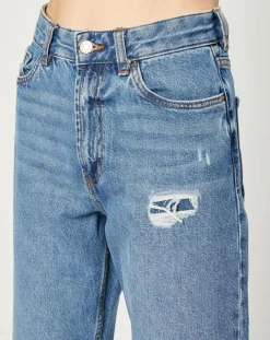 Femme Esprit Jeans droit en Toile de coton taille haute bleu moyen