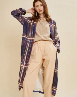 Femme Chloé Stora Manteau léger satiné Greg à carreaux marine/beige