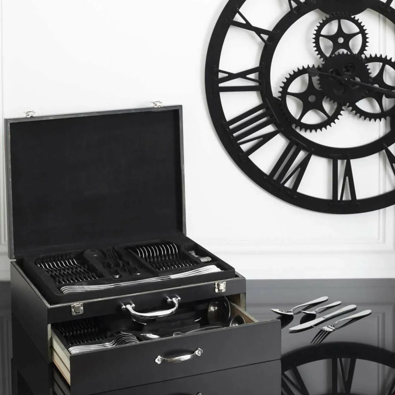 New Cook Concept Ménagère avec coffret en bois & tiroir noire - 84 pièces