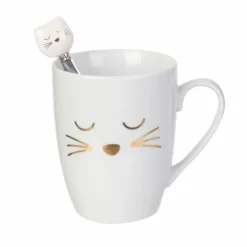 Best The Concept Factory Mug avec cuillère chat en Porcelaine blanc/doré - 11.5x8.2x10 cm