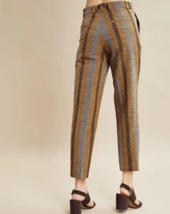Outlet Chloé Stora Pantalon en Coton & Lin rayé Pavel marron